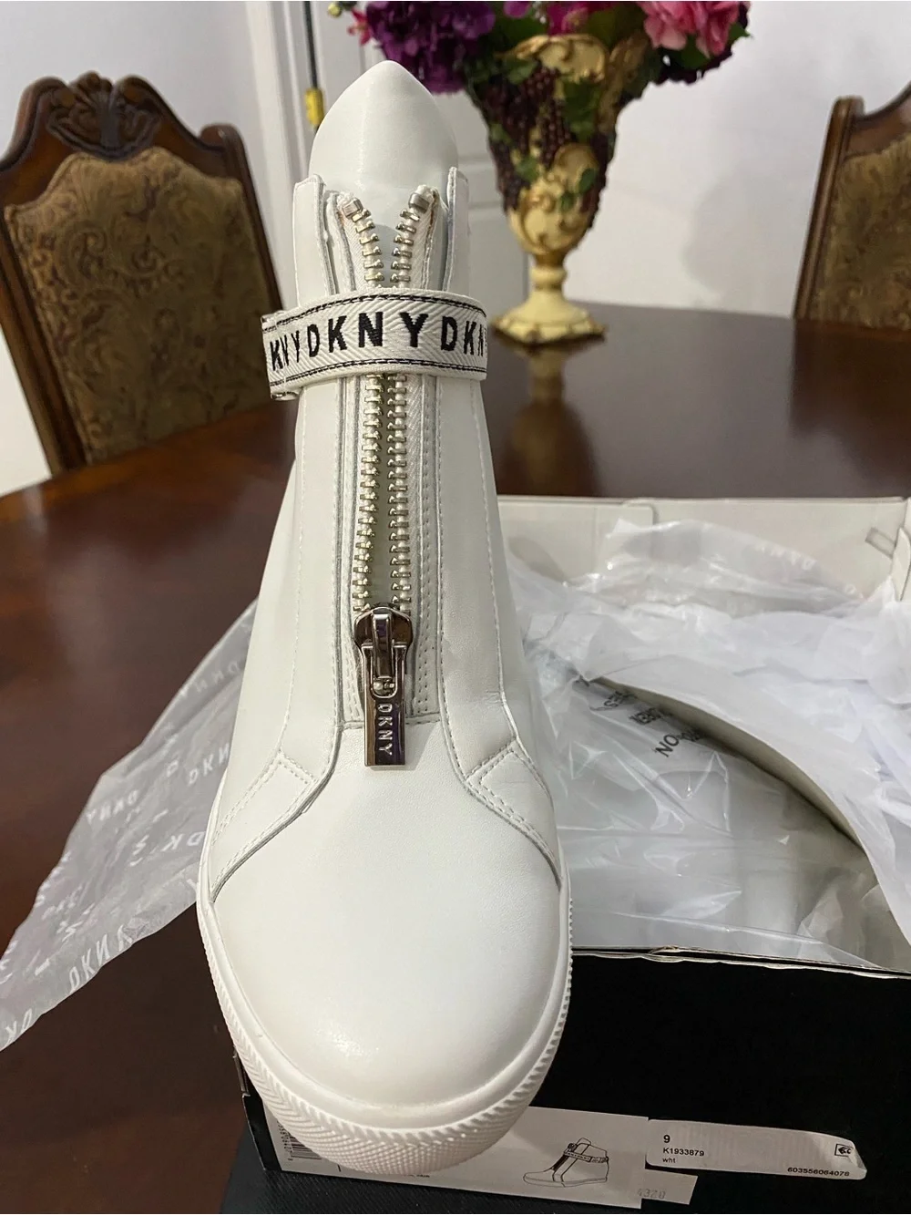 DKNY White Leather Wedge Sneaker Boot with Branded Strap